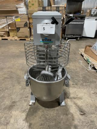 Univex SRM20 20 Qt. Planetary Mixer, electric powered, stainless steel bowl guard, mixing bowl, flat beater, wire whisk, on legs.