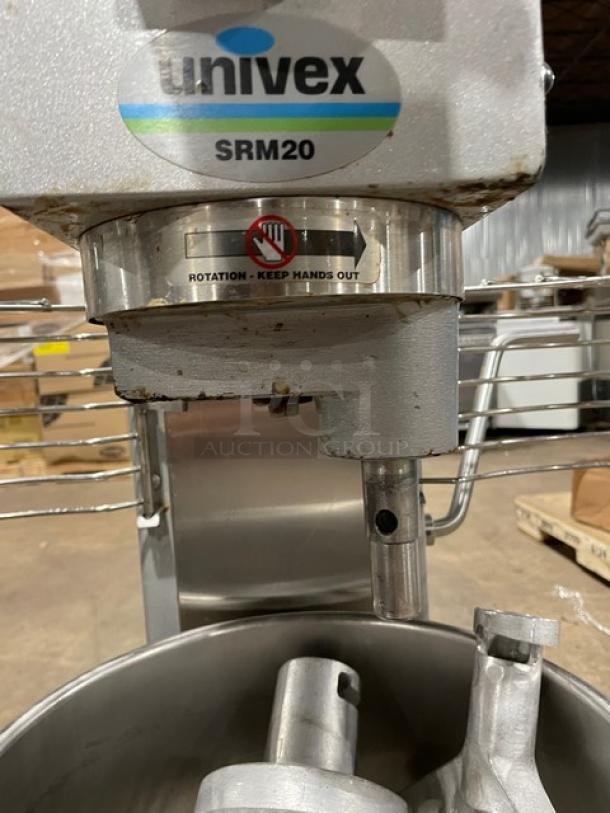 Univex SRM20 commercial mixer with stainless steel bowl guard. Includes flat beater and wire whisk attachments. 115V, 1 Phase.