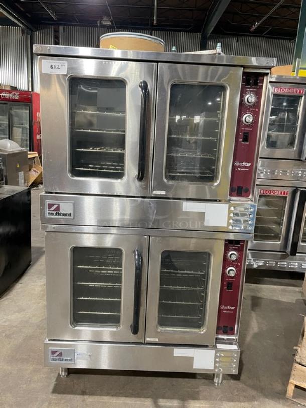 Southbend SilverStar commercial double convection oven, stainless steel, natural gas, thermostatic controls, on legs, wired racks.