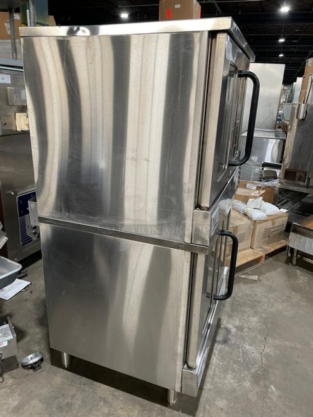 Southbend SilverStar Series stainless steel double-stacked convection oven, natural gas, thermostatic controls, wired rack, on legs.