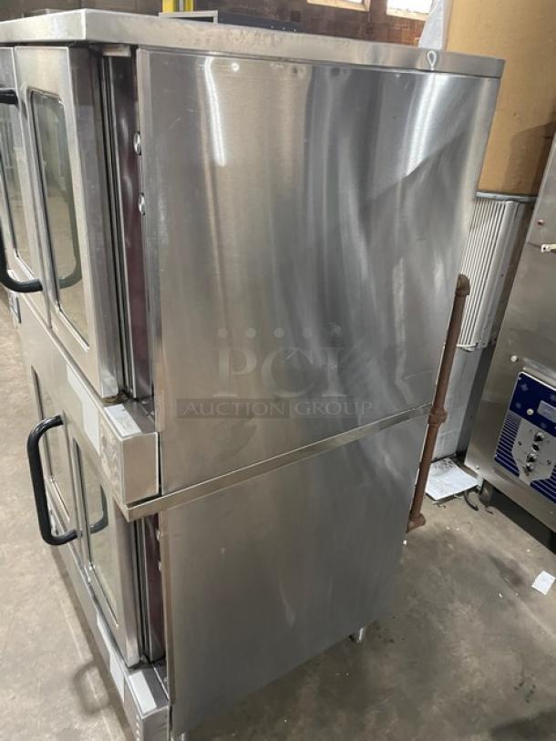 Southbend SilverStar stainless steel double-stacked convection oven, natural gas, thermostatic controls, wired rack, on legs.