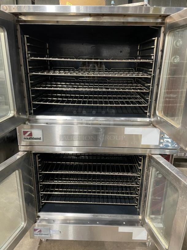 Southbend SilverStar double stacked convection oven, stainless steel, natural gas, thermostatic controls, wired racks, on legs.