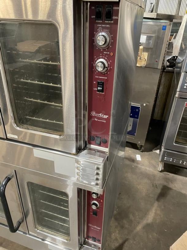 Southbend SilverStar Series commercial double convection oven, stainless steel, natural gas, thermostatic controls, wired rack, on legs.