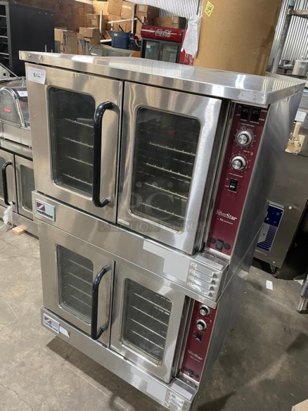 Southbend SilverStar Series commercial stainless steel double stacked convection oven with thermostatic controls. Natural gas powered, wired oven rack, on legs.