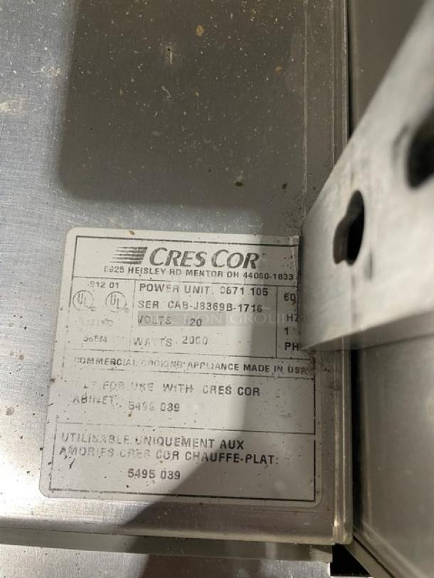 Cres-Cor commercial stainless steel holding/proofing cabinet, Dutch doors, wide pan slides, rubber bumper, SN: CAB-J8369B-1716, 120V, 1 phase, on casters.