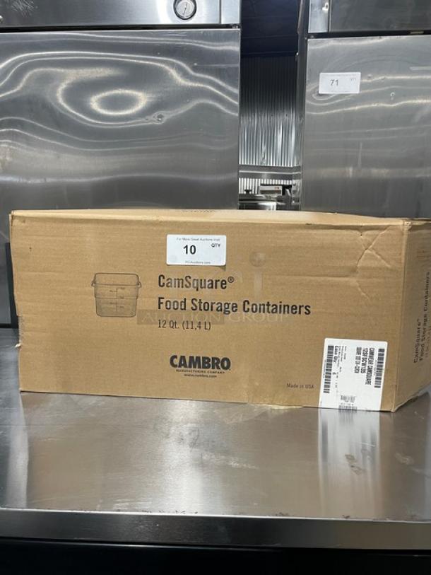 Brand new Cambro 12 Qt. square food storage container in box. Model 12SFSCW135, made of clear polycarbonate.