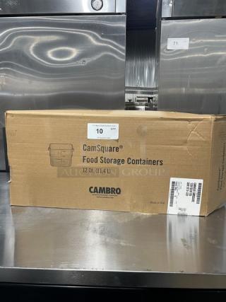 Brand new Cambro 12 Qt. square food storage container in box. Model 12SFSCW135, made of clear polycarbonate.