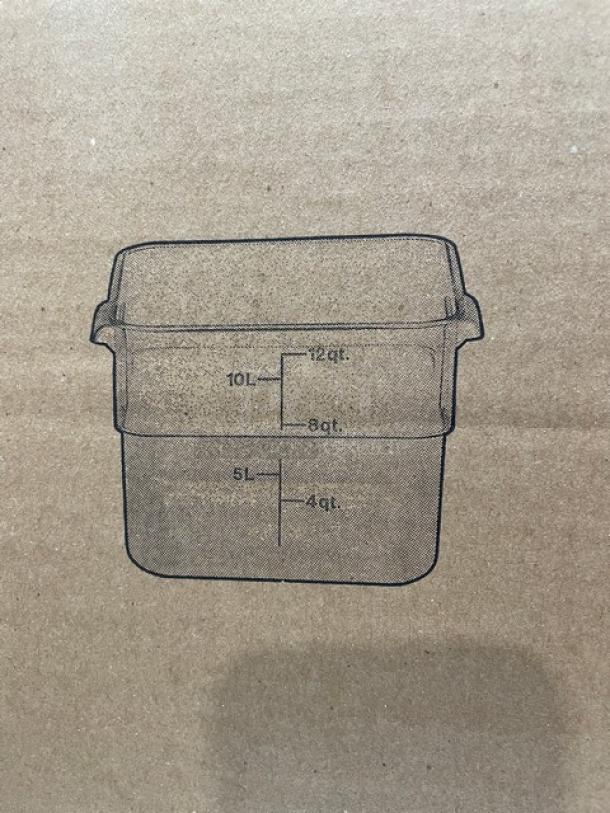 Brand new Cambro 12 Qt. clear polycarbonate food storage container, Model 12SFSCW135, depicted with capacity markings.