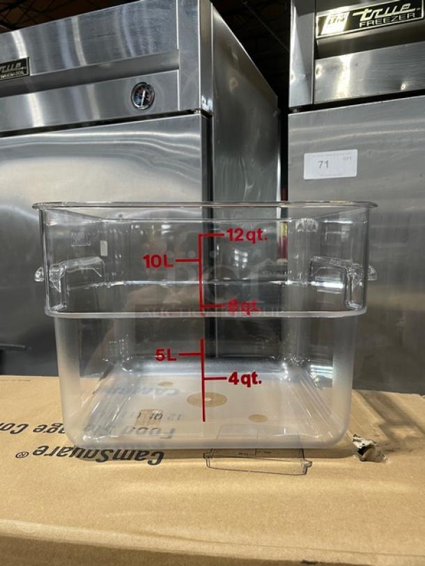 Brand new Cambro clear polycarbonate 12 Qt. square food storage container, model 12SFSCW135, with quart and liter markings.