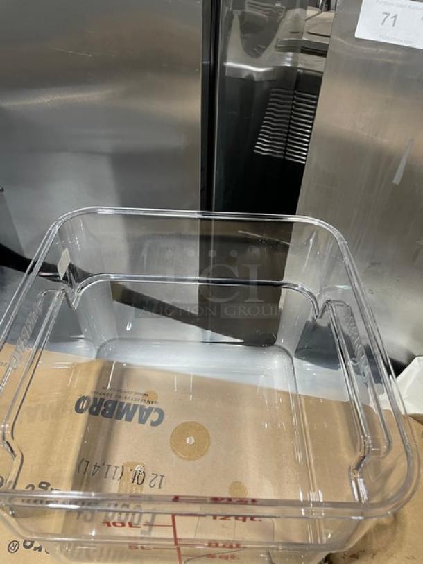 Brand new Cambro 12 Qt. clear polycarbonate square food storage container, model 12SFSCW135, with visible branding.