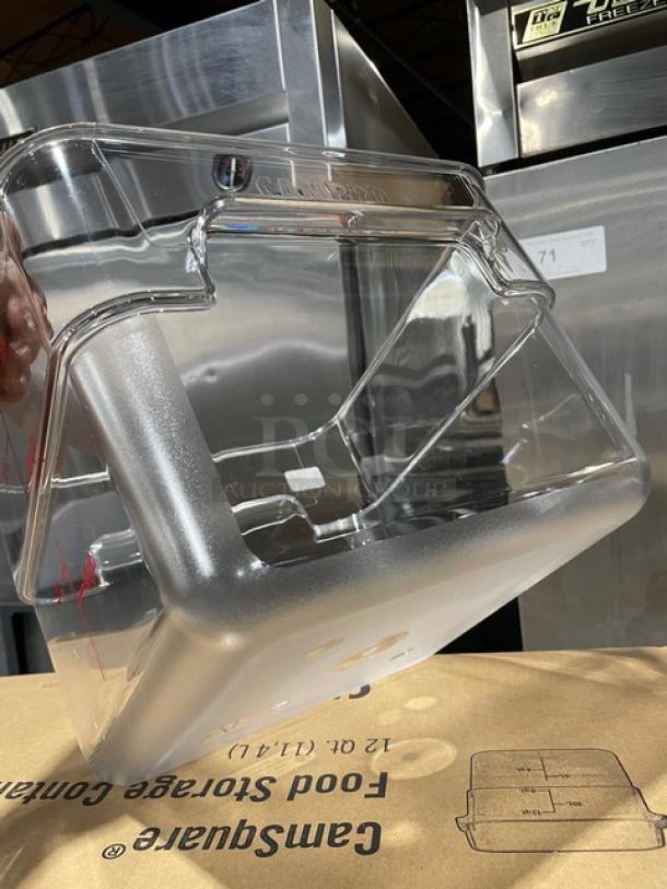 Brand new Cambro 12 Qt. clear polycarbonate square food storage container, model 12SFSCW135, with measurement markings.