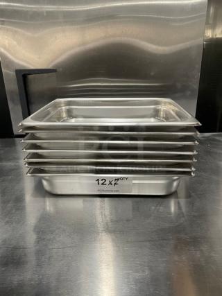 Winco SPJH202 stainless steel hotel pans, new condition, stack of seven. Labels indicate model and auction multiplier.