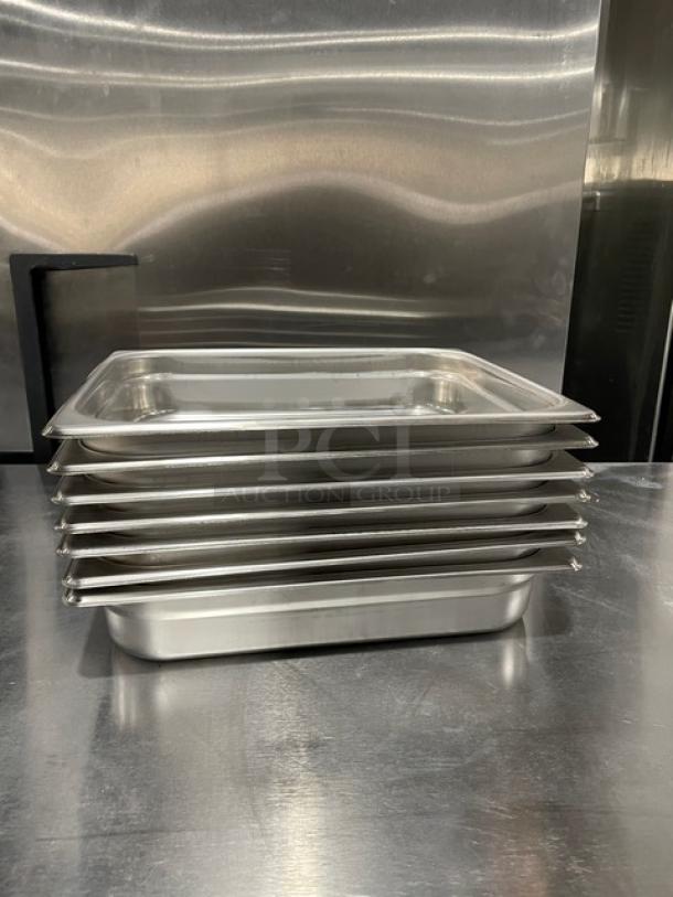 Winco SPJH-202 commercial stainless steel hotel pans, new, stack of seven. Ideal for steam tables.