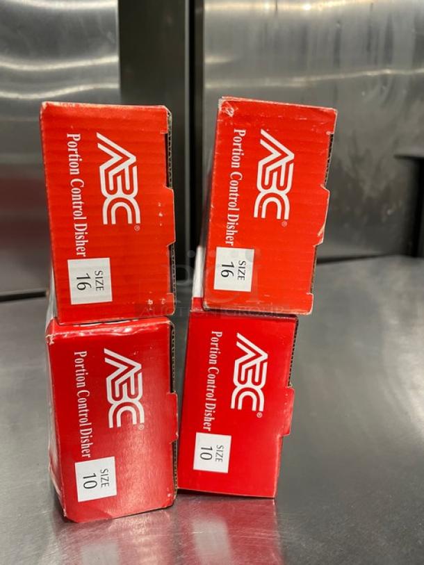 ABC Portion Control Disher boxes, models include NID-10 and additional sizes. Brand new packaging, red boxes.