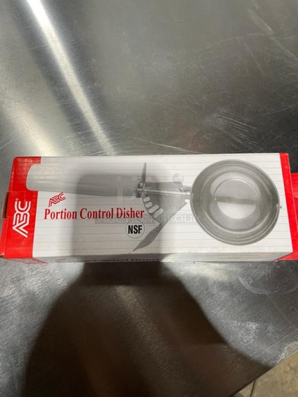 ABC Stainless Steel 3.75 Oz. Portion Control Ice Cream Disher, Model NID-10, with ivory white grip handle. Brand new in box.