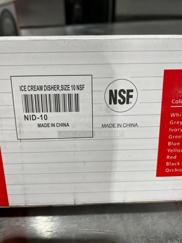 ABC stainless steel ice cream disher, Model NID-10, 3.75 oz, ivory white grip. Brand new, NSF certified, made in China.