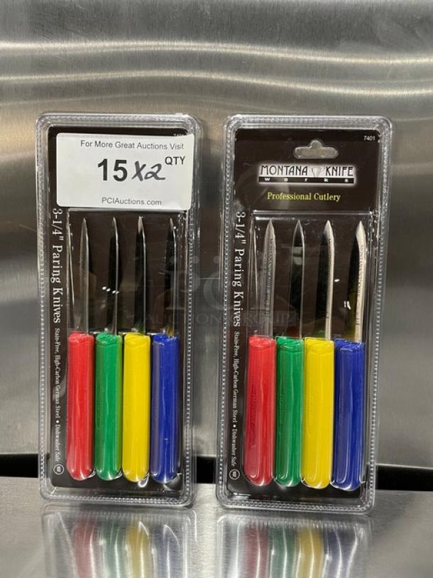 Brand new Montana Knife 3-1/4" paring knives, model 7401, with multi-colored grips. Two packs, professional cutlery.