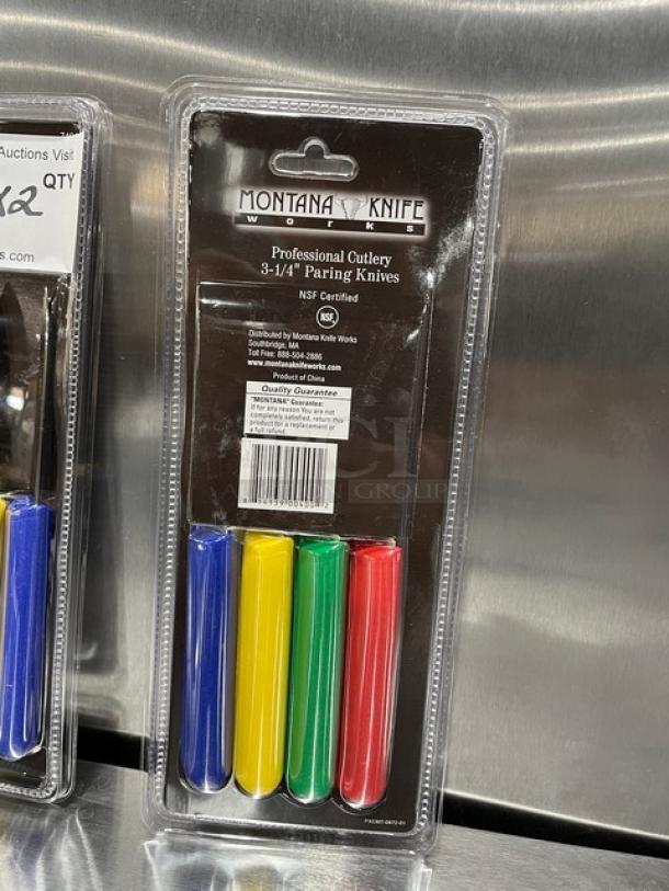 Montana Knife 7401 paring knives set, brand new, stainless steel, 3-1/4" blades, vibrant multi-colored handles, in packaging.