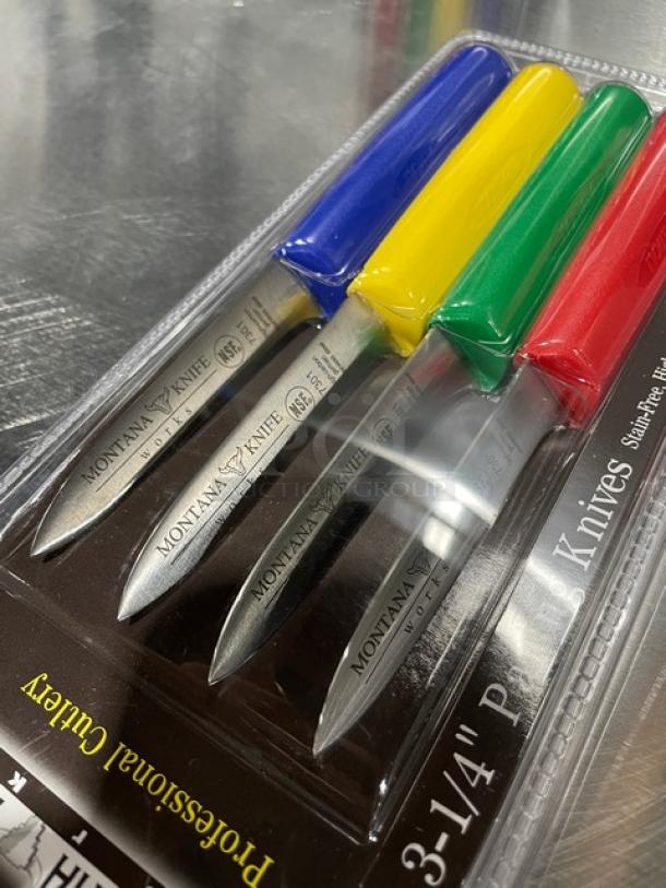 Montana Knife Model 7401 paring knives, 3-1/4" stainless steel blades, multi-colored grips, brand new in packaging.