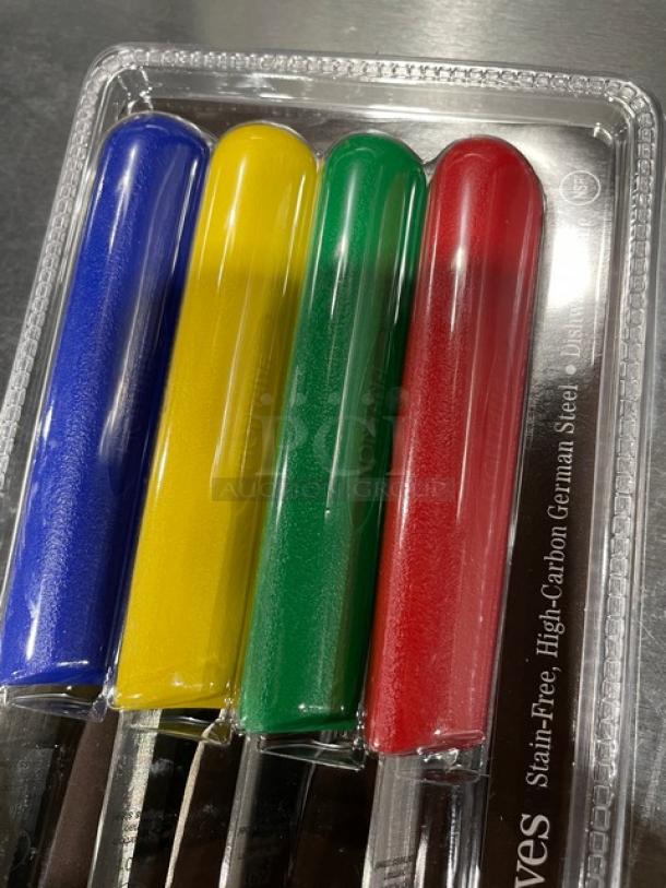 Montana Knife Paring Knives Model 7401, 3-1/4" stainless steel blades, multi-colored grips, brand new in packaging.