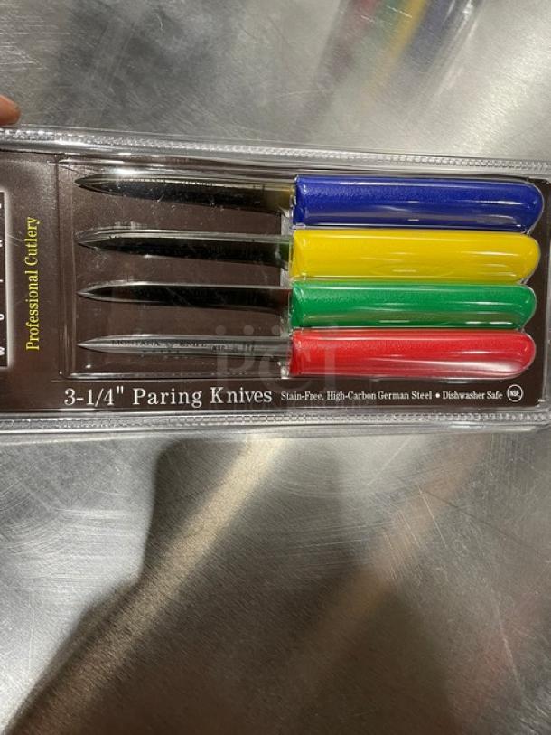 Montana Knife 7401 paring knives, 3-1/4" blades, stainless steel, multi-colored handles, new in packaging, set of four.
