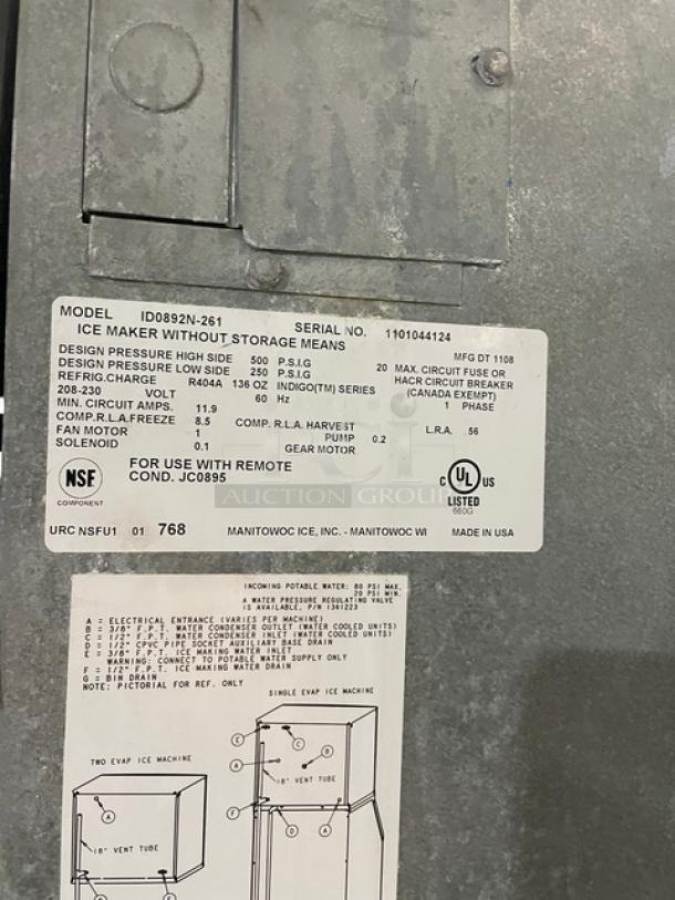 Manitowoc Ice Maker ID0892N-261 label with specifications, including 208-230V, 1 phase, and NSF certification. Serial number 1101044124.