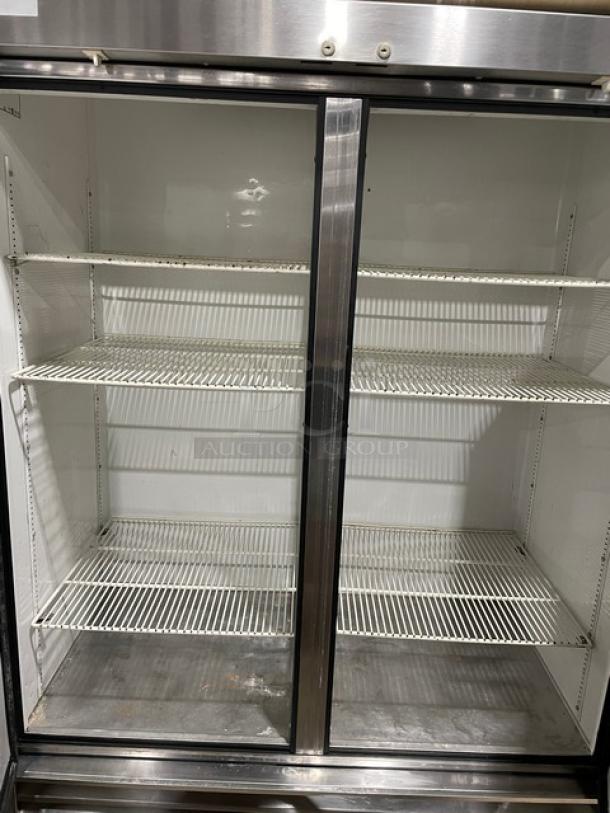 True T-49 Commercial Stainless Steel 2-Door Refrigerator, poly coated wired racks, on casters, model T-49, SN: 1-2309201.