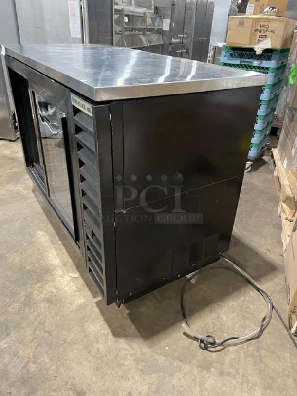 Beverage-Air BB58HC1FGSBALT black double glass sliding door merchandiser, stainless steel worktop, poly coated racks, 115V, used.