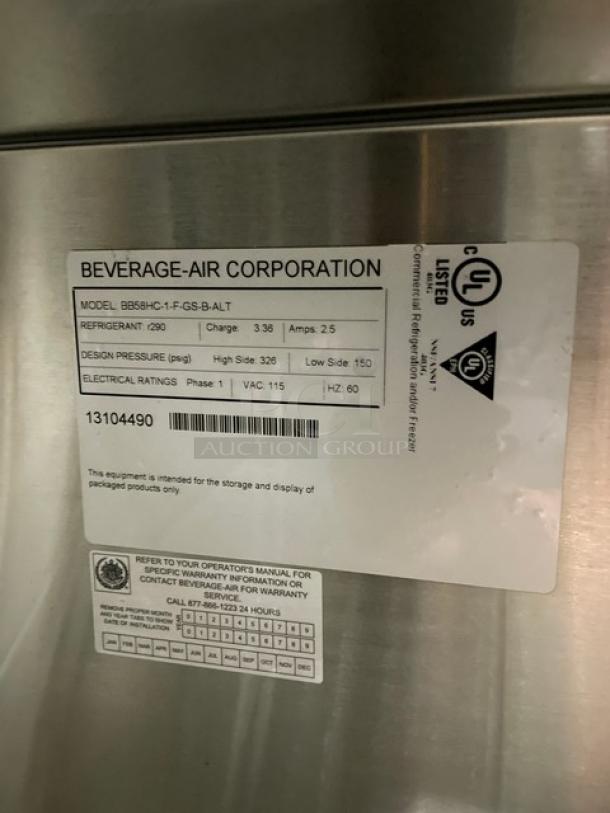 Beverage-Air BB58HC-1-F-GS-B-ALT commercial back bar cabinet label showing model, serial number 13104490, and electrical specs.