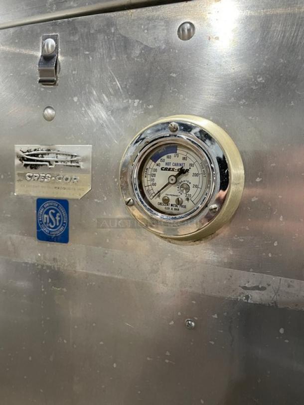 Cres-Cor electric holding/proofing cabinet with pan slides, stainless finish, gauge, NSF label, on casters, 110-120V 1 Phase.