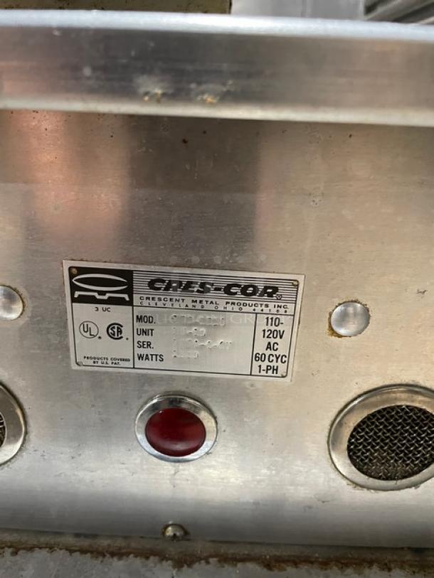 Cres-Cor electric holding/proofing cabinet, single section, built-in pan slides, 110-120V, on casters, metal label visible.