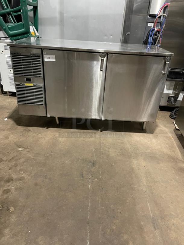 GlasTender commercial stainless steel two-door low profile back bar cabinet, model LP60-L6-SS(LL), with poly-coated wired rack.