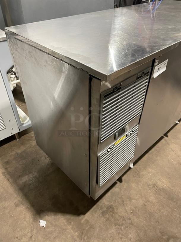 GlasTender stainless steel 2-door low-profile refrigerated back bar cabinet, Model LP60L6SSLL, with poly coated rack, shown on legs.