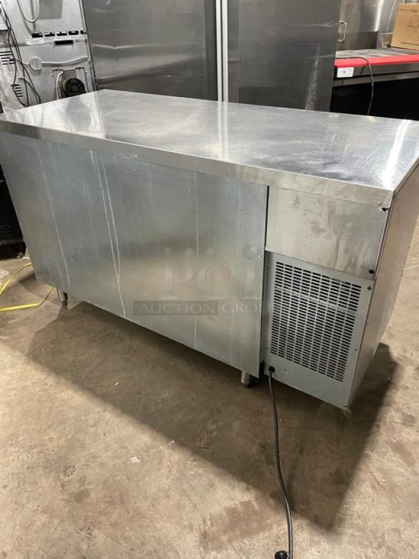 GlasTender stainless steel 2-door low profile back bar cabinet, Model LP60L6SSLL, with poly-coated wired rack, on legs.