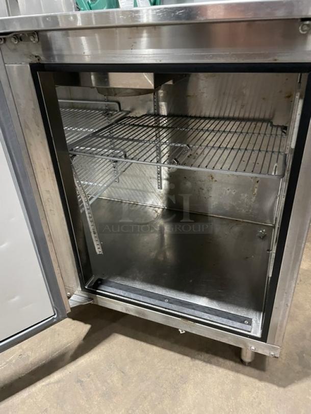 GlasTender stainless steel 2-door low profile back bar cabinet with poly coated wired rack, model LP60-L6-SS(LL), on legs.