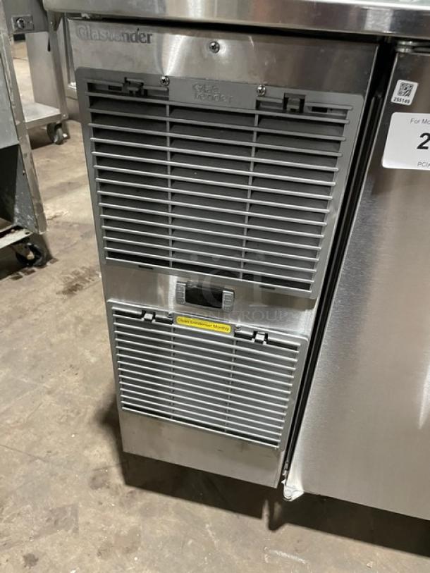 GlasTender commercial stainless steel 2-door low profile refrigerated bar cabinet, model LP60L6SSLL, with poly-coated wired rack, on legs.