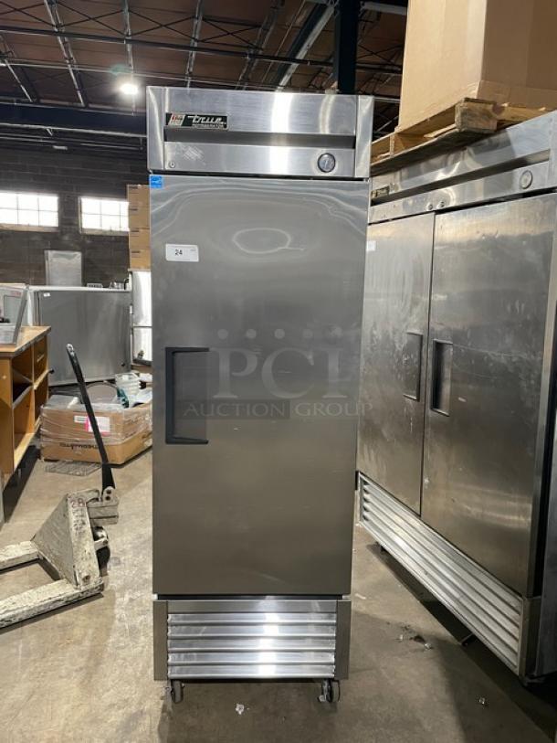 True T-23 single door stainless steel refrigerator, Energy Star certified, with poly coated rack, on casters, model SN: 7171678.