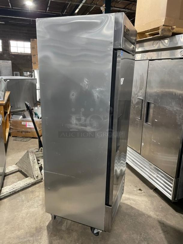 True T-23 Commercial Stainless Steel Single Door Refrigerator, Energy Star Certified, with poly-coated rack, on casters.