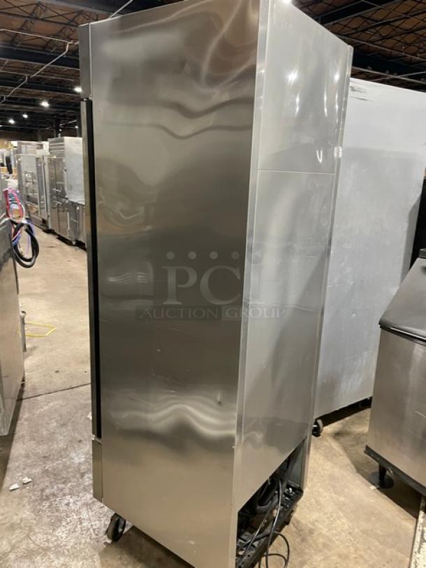 True T-23 commercial stainless steel single door refrigerator, Energy Star certified, on casters, with poly-coated wired rack.