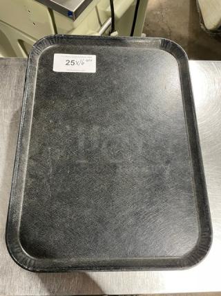 Commercial black rectangular fast food serving tray, durable, features 16 trays. Visible label reads "25 x 16 QTY."