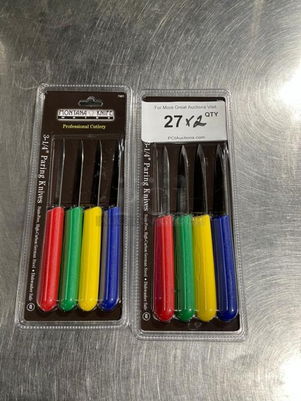 Montana Knife Model 7401 paring knives, stainless steel, 3-1/4", multi-colored handles, brand new, in packaging.