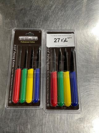 Montana Knife Model 7401 paring knives, stainless steel, 3-1/4", multi-colored handles, brand new, in packaging.