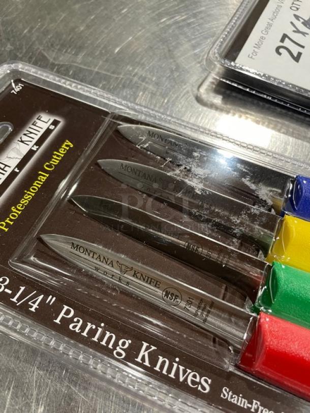 Montana Knife Model 7401, 3-1/4" stainless steel paring knives in package. Multi-colored grip handles, NSF certified. Brand new.