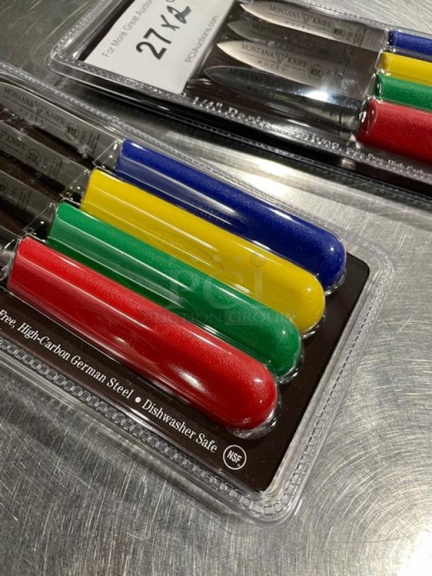 Montana Knife Model 7401 stainless steel paring knives with multi-colored grips, brand new, in packaging.