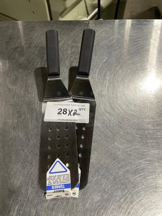 Brand new Dexter Russell 8"x3" perforated cake turner, model P94857, with black grip handle.