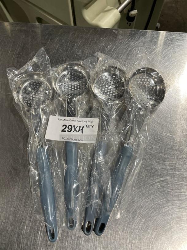 Brand new Vollrath Jacob's Pride 4 oz. stainless steel perforated spoodle, gray grip, Model 6432445, set of four.