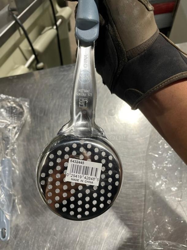 Brand new Vollrath 6432445 stainless steel 4 oz perforated spoodle with gray grip handle. Item label indicates origin: Made in China.
