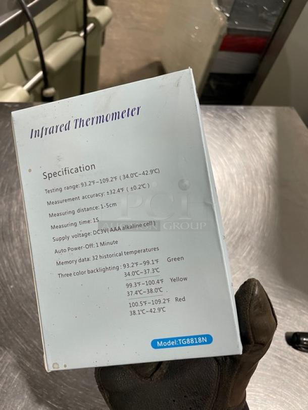 BRAND NEW Commercial Infrared Non-Contact Forehead Thermometer TG8818N, features testing range 93.2°F-109.2°F, measurement accuracy ±0.2°C.
