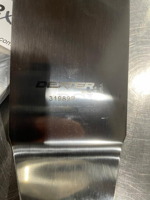 Dexter Russell stainless steel turner, model 31989R, 8" x 3", square edge with red grip handle, brand new condition.