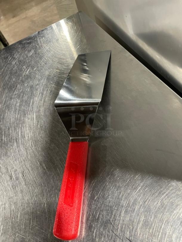 Brand new Dexter Russell 8"x3" stainless steel turner, model 31989R, with red grip handle, square edge design.